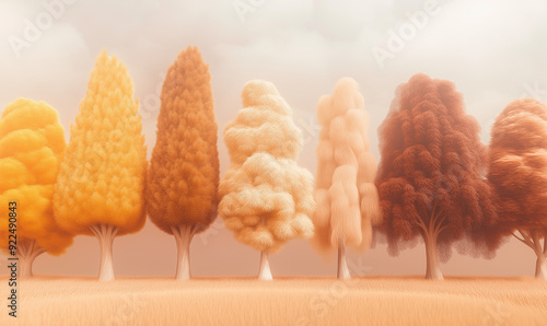 A gentle, minimal autumn landscape featuring a tree in the fog, with warm red and yellow leaves slowly falling, symbolizing the change of seasons