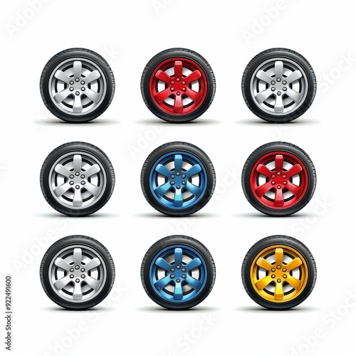 Car wheels icon, tire silhouettes, rim symbol, auto wheels sign, car tyre pictograms, automobile service logo