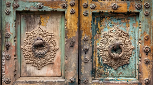 A close-up of an old wooden door with intricate carvings