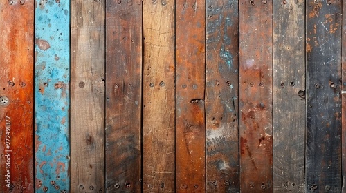  Wooden wall with rusty metal rivets on sides of planks