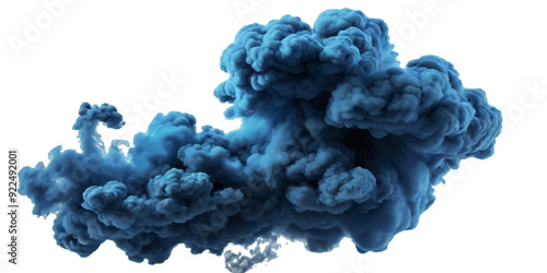 Beautiful blue smoke plume isolated on transparent background. bright orange paint color powder festival background.