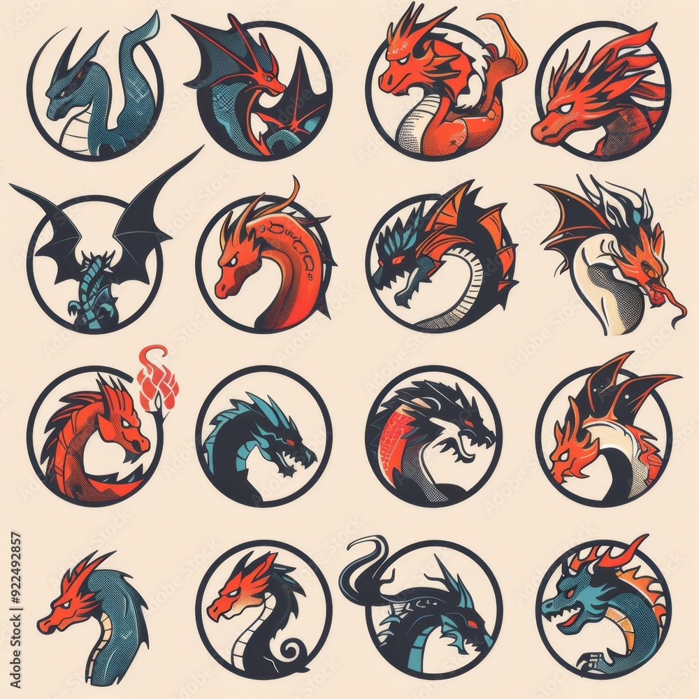 Funny dragons doodle set, cartoon dino, graphic dinosaurs isolated, monster animals Funny dragons doodle set, cartoon dino, graphic dinosaurs isolated, monster animals