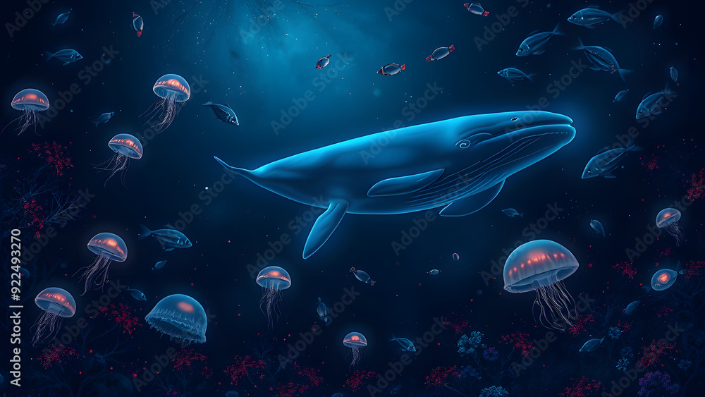 Fototapeta premium A blue whale is swimming in a sea full of jellyfish and fish. The scene is serene and peaceful, with the whale being the focal point of the image