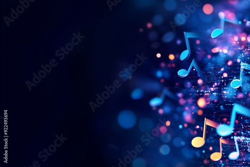 music notes in blue dark abstract background banner/design