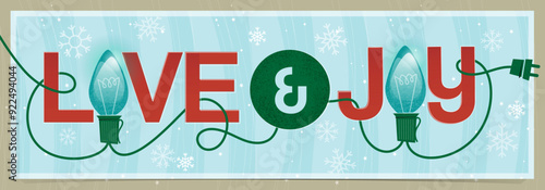 String of Green Christmas Light wrapped around words Love & Joy; Stars and Snowy background; Retro Christmas, Mid-century modern design and layout with retro Christmas lights