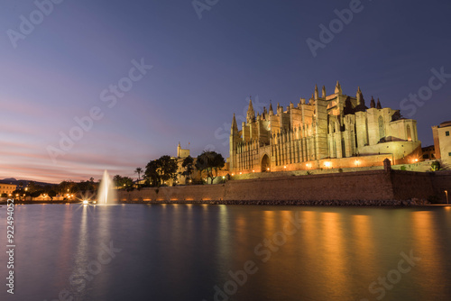 Cathedral of Palma de Mallorca at night. The Cathedral of Santa Maria of Palma is a gothic roman catholic cathedral in Palma, Mallorca, Spain. photo