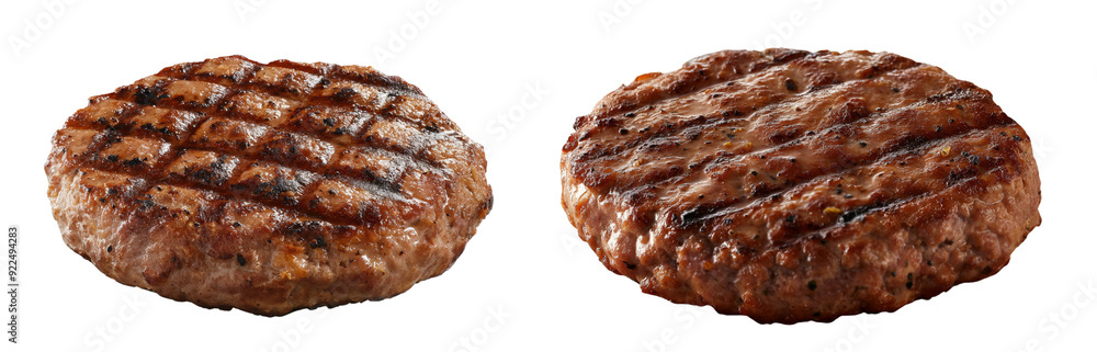 Grilled burger patty with char marks isolated on white or transparent background, Cutout png Grilled burger patty with char marks isolated on white or transparent background, Cutout png