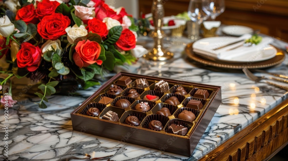 An elegant chocolate box sits on a marble table beside a beautiful bouquet of roses An elegant chocolate box sits on a marble table beside a beautiful bouquet of roses