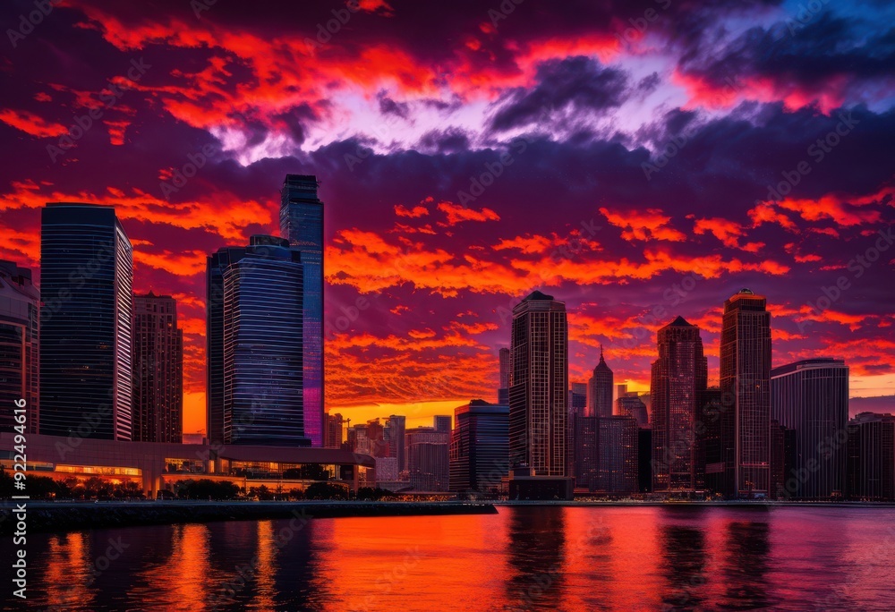 Fototapeta premium stunning vibrant city silhouettes set bold sunset hues creating dramatic urban landscape, skyline, colors, dusk, horizon, light, scene, reflection