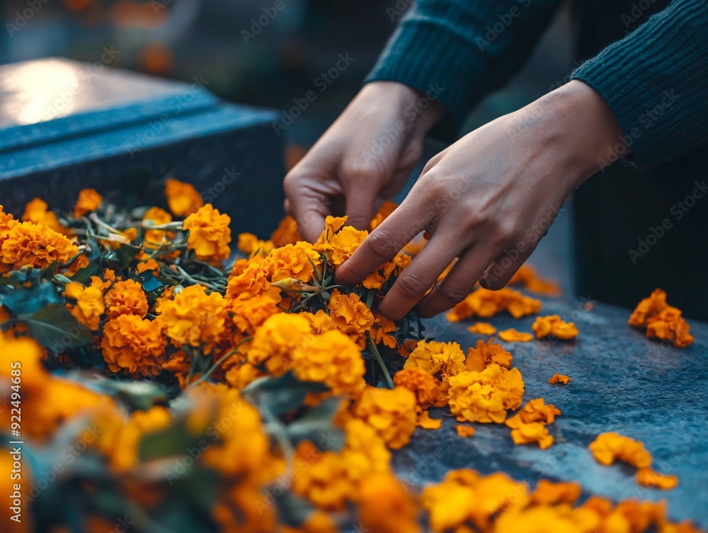 Person Arranging Marigold Flowers on a Grave Person Arranging Marigold Flowers on a Grave