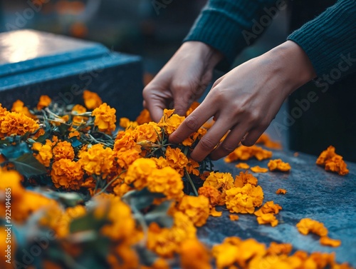 Person Arranging Marigold Flowers on a Grave