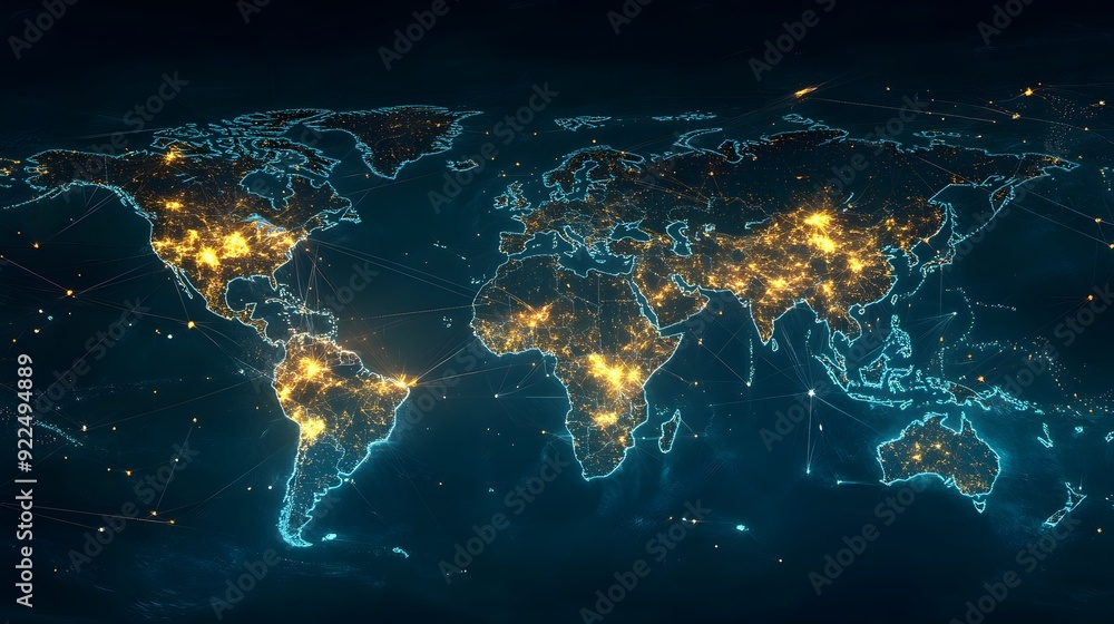 A digital map of the world with glowing connections between cities, representing global connectivity and data transfer across national borders A digital map of the world with glowing connections between cities, representing global connectivity and data transfer across national borders