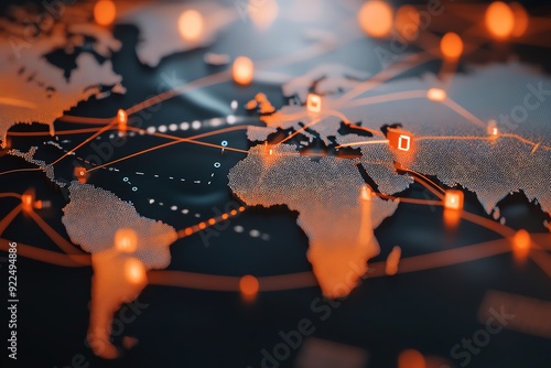 A global map with trade routes connected by digital lines, symbolizing the international reach of B2B e-commerce, e-commerce, online global B2B trade