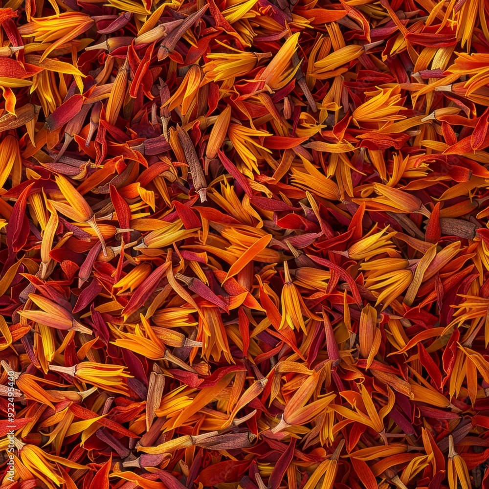 Fototapeta premium Saffron texture background, crocus sativus flowers pattern, dry herbal petals banner, aromatic herbs