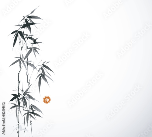 Ink painting of bamboo tree on white background. Traditional oriental ink painting sumi-e, u-sin, go-hua. Translation of hieroglyph - zen