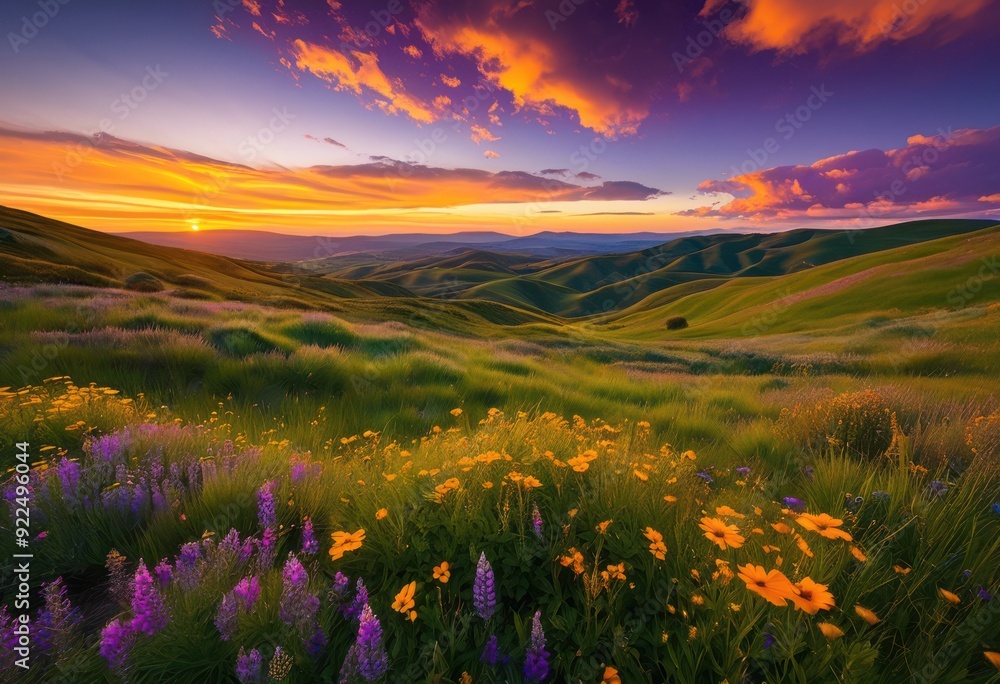 vibrant sunset over rolling hills adorned blossoming flowers creating beautiful natural landscape, nature, sky, clouds, evening, scenery, meadow, field vibrant sunset over rolling hills adorned blossoming flowers creating beautiful natural landscape, nature, sky, clouds, evening, scenery, meadow, field