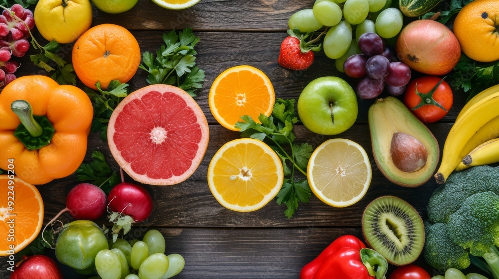 An assortment of fresh fruits and vegetables laid out on a wooden table An assortment of fresh fruits and vegetables laid out on a wooden table