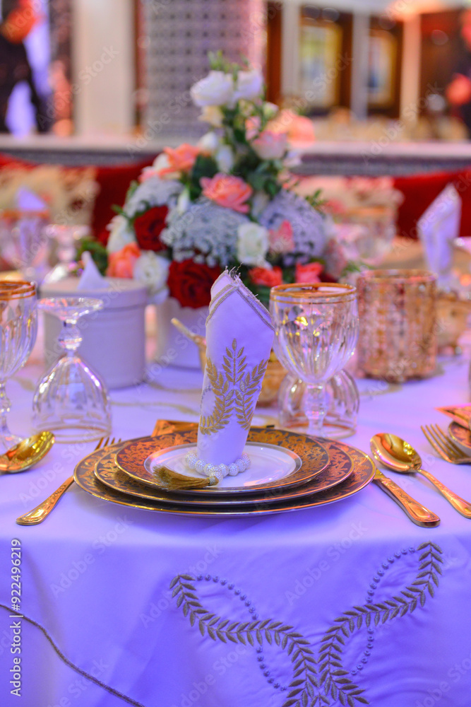 Fototapeta premium Luxurious wedding table setting. Luxurious wedding hall.