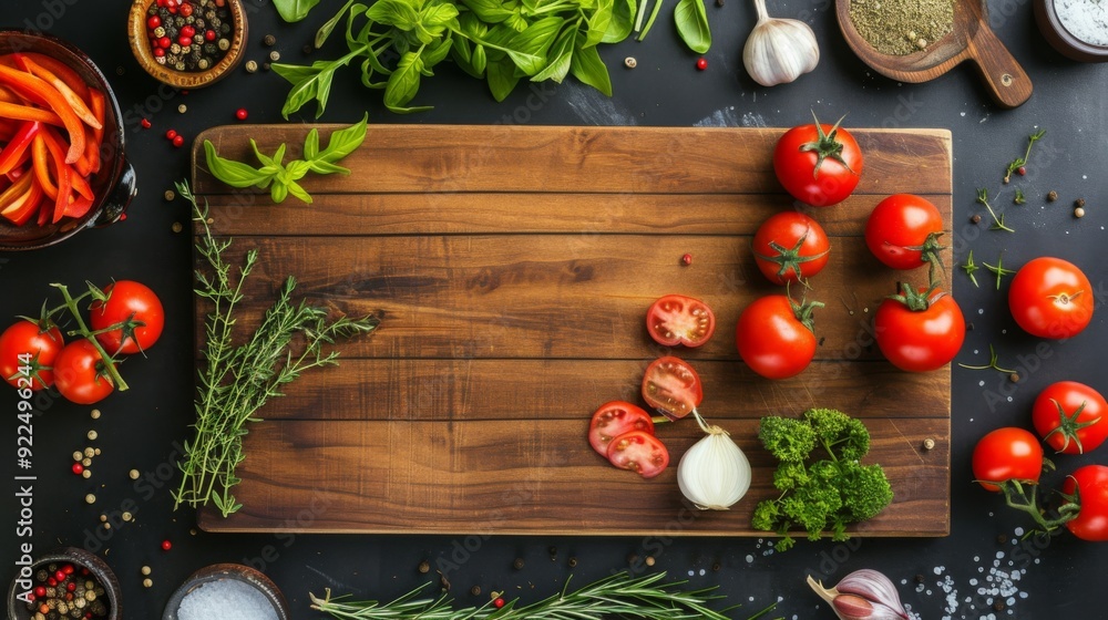 Wooden cutting board with fresh ingredients like vegetables and herbs Wooden cutting board with fresh ingredients like vegetables and herbs
