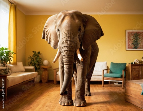 Big elephant calm in a apartment as a funny lack of space and pet concept image. AI generated image.