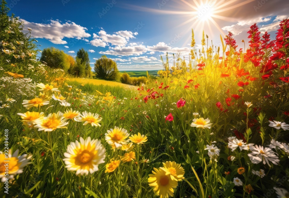 Obraz premium vibrant landscape showcasing colorful array flowers under bright shining sunlight lush natural setting, aesthetic, blooms, blossoming, brightness, cheerful