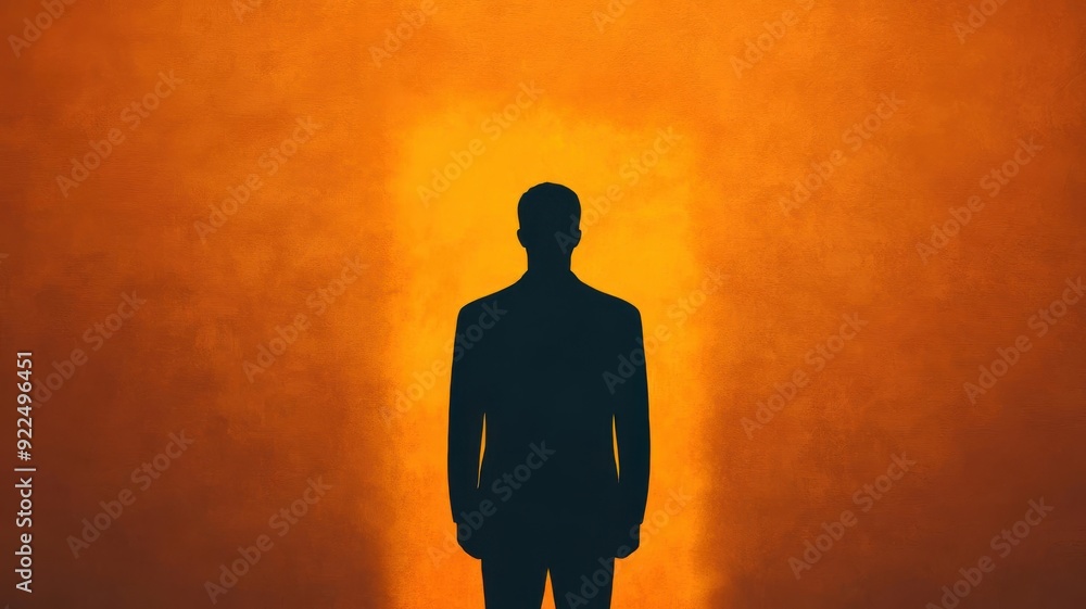 A silhouette of a man standing against an orange backdrop, symbolizing mystery and contemplation in a dramatic setting. A silhouette of a man standing against an orange backdrop, symbolizing mystery and contemplation in a dramatic setting.
