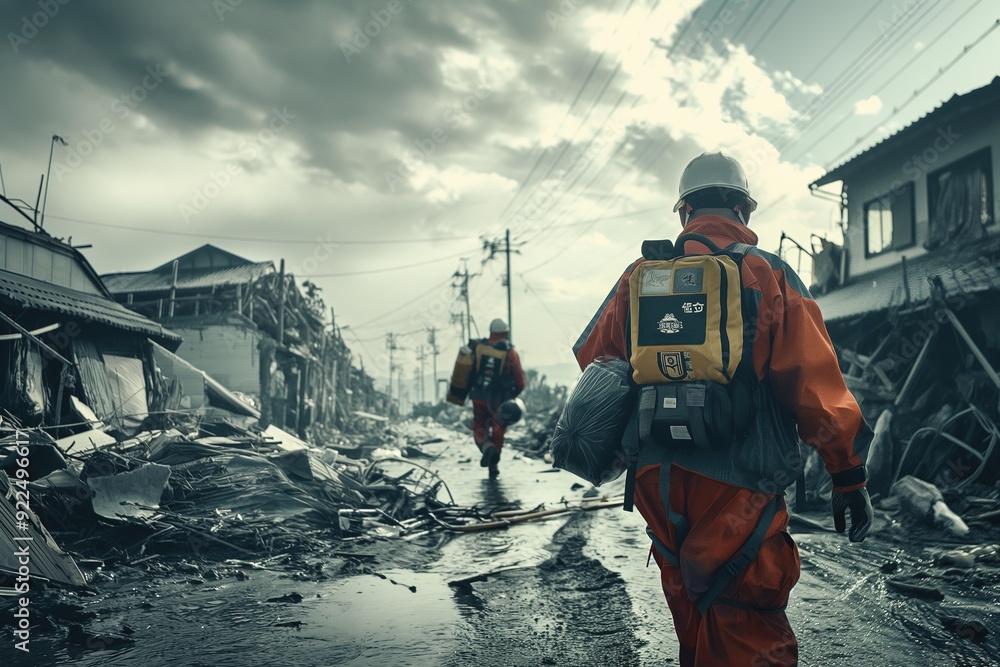 Two rescue workers walk through debris after a natural disaster. Two rescue workers walk through debris after a natural disaster.