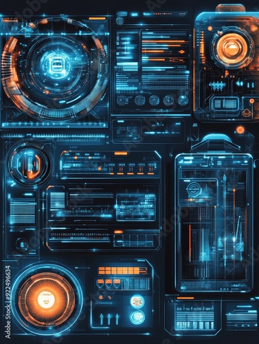 Futuristic Digital Interface with Blue and Orange Lights