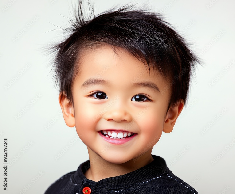 Smiling young boy with tousled hair wearing a black shirt, captured indoors with soft lighting against a white background Smiling young boy with tousled hair wearing a black shirt, captured indoors with soft lighting against a white background