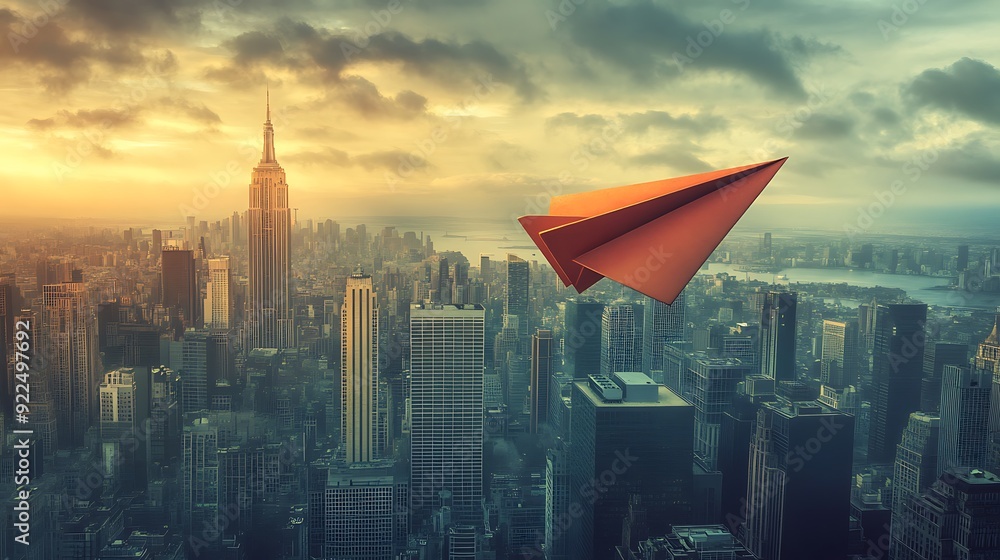 Red Paper Airplane Flying Over a City Skyline at Sunset Red Paper Airplane Flying Over a City Skyline at Sunset