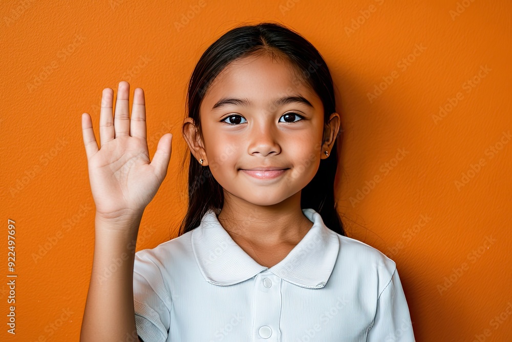 Young girl smiling and waving against an orange background in a cheerful indoor setting Young girl smiling and waving against an orange background in a cheerful indoor setting