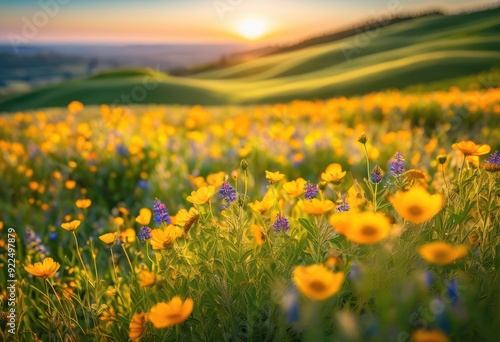 vibrant sunlit fields filled colorful blooming wildflowers under clear blue sky, nature, landscape, scenery, petal, grass, meadow, sunshine, bright, garden