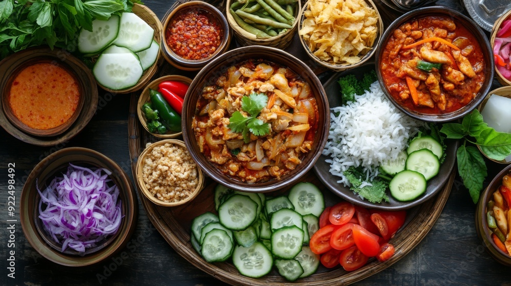 A top-down shot with a variety of side dishes including sliced cucumbers, tomatoes, and pickled radish, showcasing a complete and flavorful Thai breakfast spread. A top-down shot with a variety of side dishes including sliced cucumbers, tomatoes, and pickled radish, showcasing a complete and flavorful Thai breakfast spread.