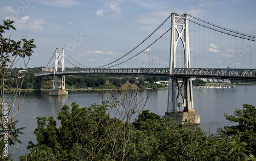 view of the mid hudson bridge to poughkeepsie, new york from highland (suspension bridge over river crossing) scenic landmark (pedestian and bike path, car lanes highway) valley ny state detail photo