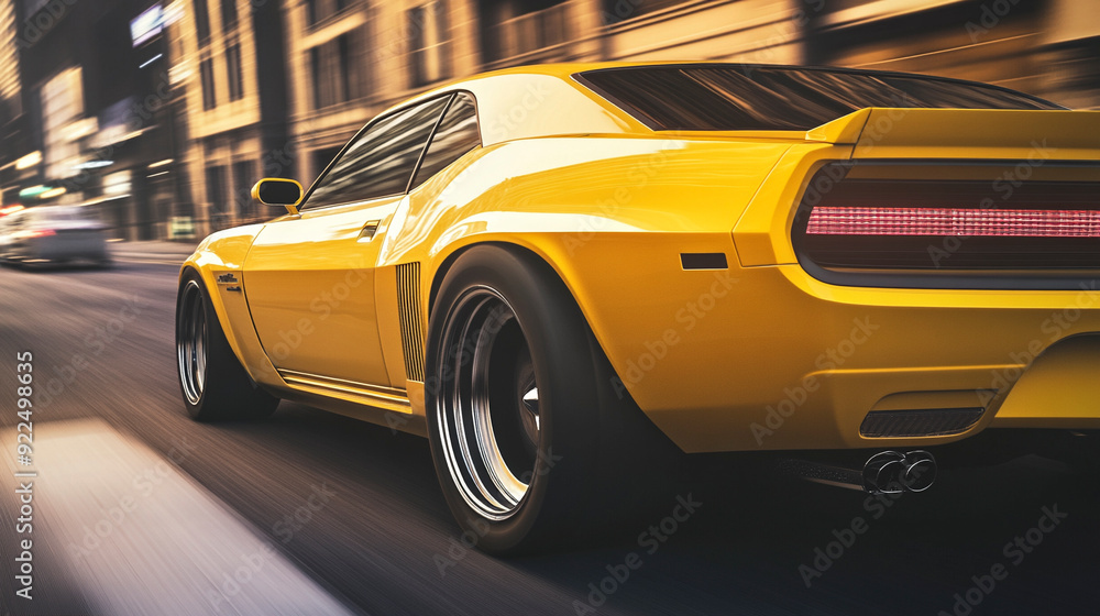 Yellow american muscle car road in the city golden hour Yellow american muscle car road in the city golden hour