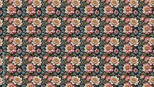 Elegant Vintage Floral Pattern Design with Detailed Lotus Flowers for Textiles and Wallpapers