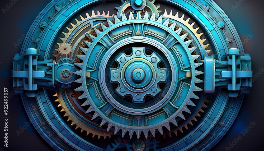 Fototapeta premium Interlocking gears with blue hues representing the concept