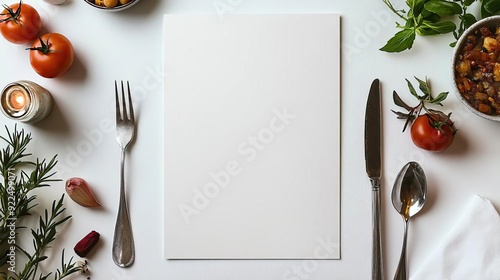 A blank restaurant menu on white background, great for showcasing menu design full shot a minimum of objects in a minimalist style photo