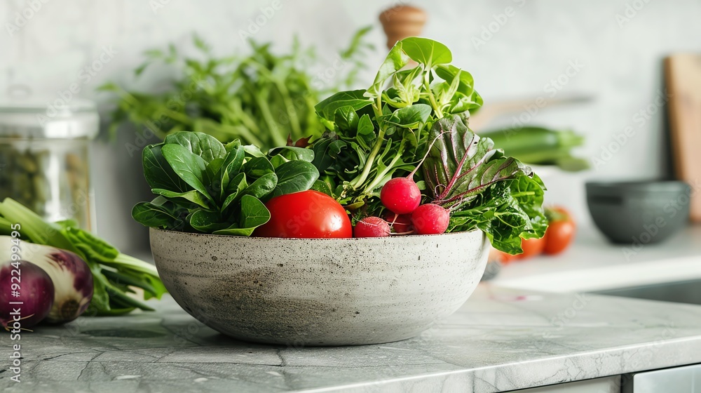 A fresh bowl of mixed garden vegetables including tomatoes, radishes, and greens, displayed on a modern kitchen countertop. A fresh bowl of mixed garden vegetables including tomatoes, radishes, and greens, displayed on a modern kitchen countertop.