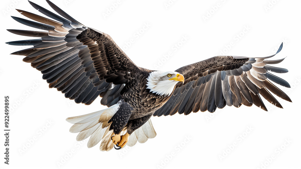 A majestic bald eagle in flight with wings fully extended, isolated on a white background for a dramatic effect. A majestic bald eagle in flight with wings fully extended, isolated on a white background for a dramatic effect.