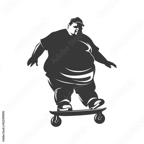 Overweight man skateboarding in silhouette