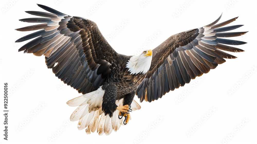 A majestic bald eagle in flight with wings fully extended, isolated on a white background for a dramatic effect. A majestic bald eagle in flight with wings fully extended, isolated on a white background for a dramatic effect.