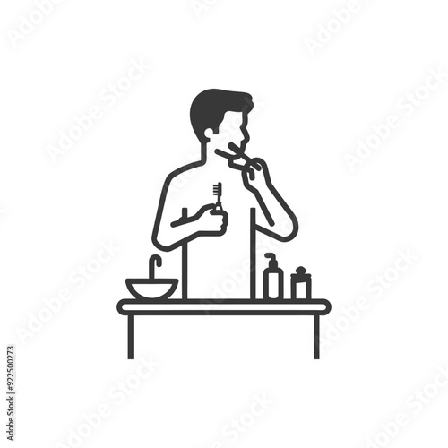 Man Brushing His Teeth in Front of a Bathroom Sink