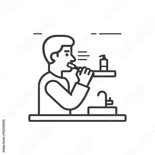 Man Brushing Teeth in Bathroom with Toothbrush and Toothpaste