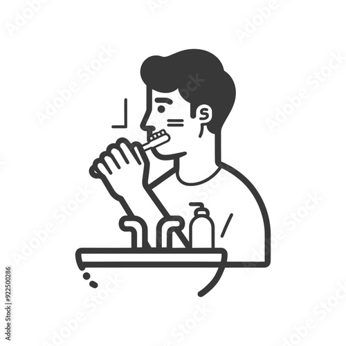 Man Brushing Teeth In Bathroom With Sink And Toothpaste