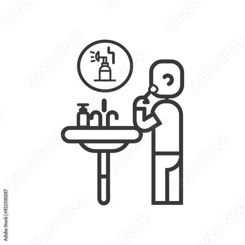 Man Brushing Teeth in Bathroom with Toothpaste Icon Above Mirror