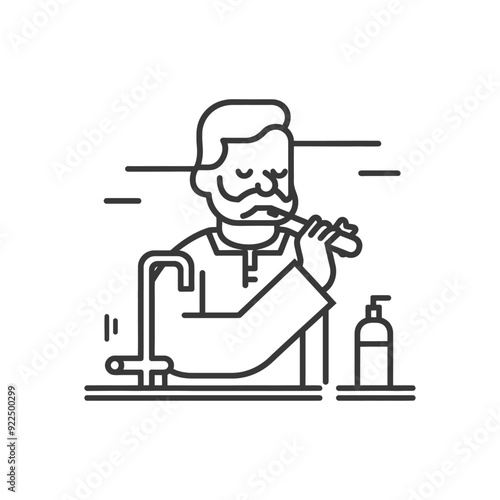 Man Brushing Teeth in Bathroom with Sink and Soap Dispenser
