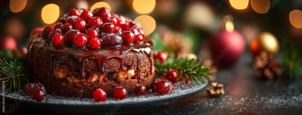 wide panoramic cover background photo of delicious christmas cake with chocolate and berries wide panoramic cover background photo of delicious christmas cake with chocolate and berries