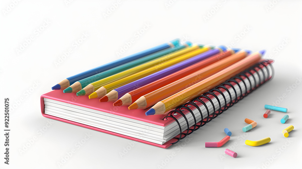 3D Flat Icon of Notebook and Crayons Set for Creativity and Learning on White Background 3D Flat Icon of Notebook and Crayons Set for Creativity and Learning on White Background