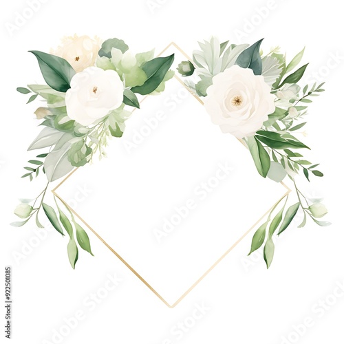 Fototapeta Naklejka Na Ścianę i Meble -  Elegant floral frame with white flowers and greenery on a gold geometric border, perfect for wedding invitations, greeting cards, or event announcements,
